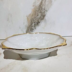 Vintage Milk Glass Anchor Hocking Pedestal Dish Trimmed In Gold